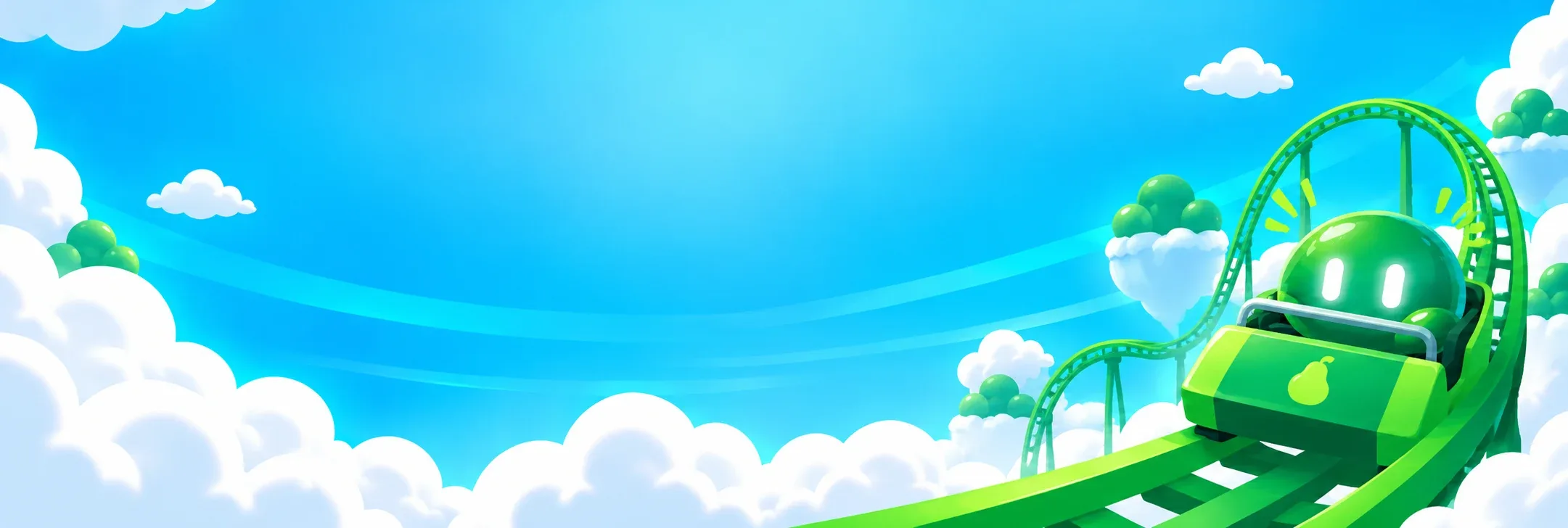 Pear Protocol mascot riding a green roller coaster through the clouds